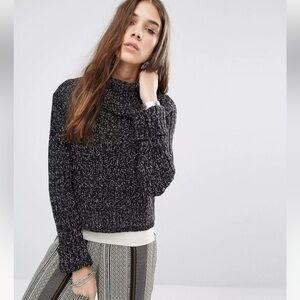 Free People Black Marled Twisted Cable Knit Jumper With Roll Neck Size M